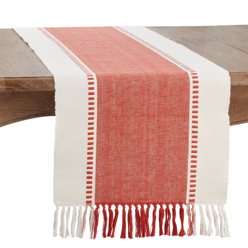 Striped Cotton Table Runner with Tassel Fringe – Woven Neutral Table Décor for Modern, Farmhouse, Boho & Coastal Homes - 16"x72"