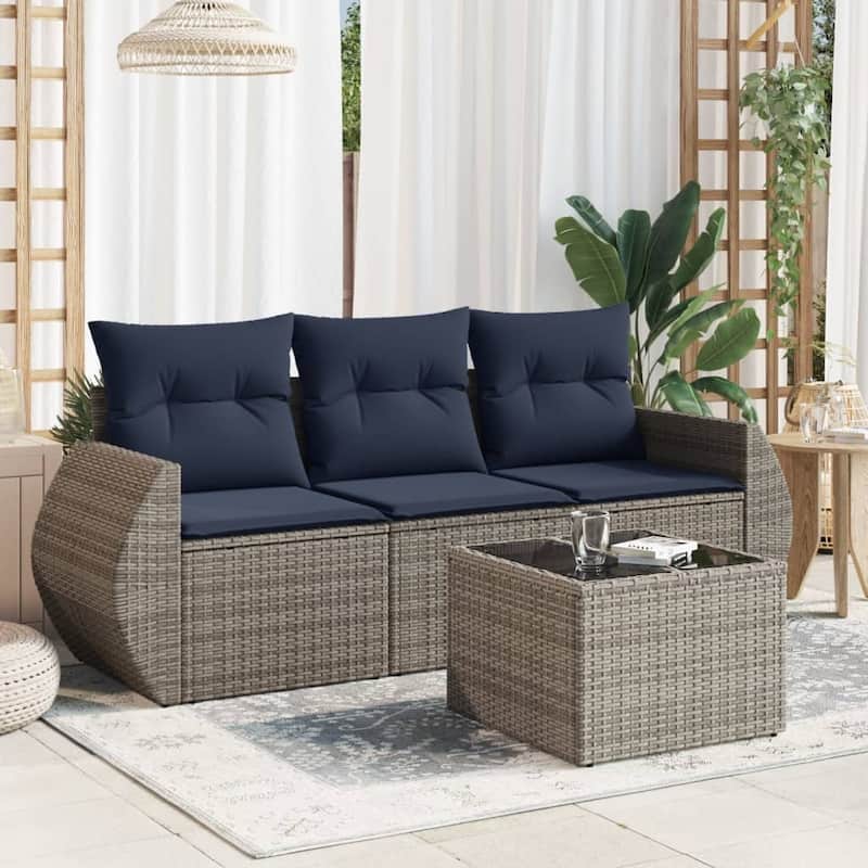 vidaXL Patio Sofa Set with Cushions Outdoor Conversation Furniture Poly Rattan - 21.7 x 24.4 x 27.2 - Beige and Grey-With table