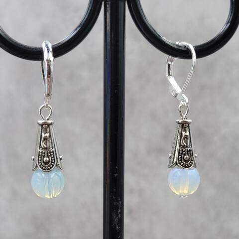 Moonstone and Silvertone Bali Cone Lever-Back Earrings