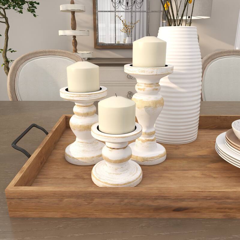 Brown or White Wood Beaded Pillar Candle Holder (Set of 3)