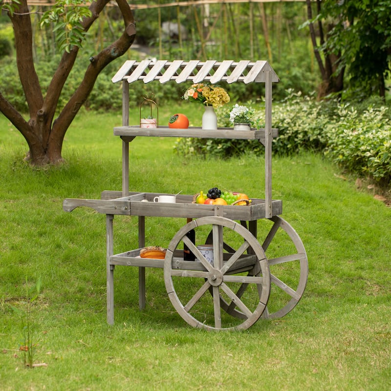 Antique Rustic Solid Wood decor Display Rack Cart 3 Tier with Wheels, Wood Wagon with Shelves for Plants and More