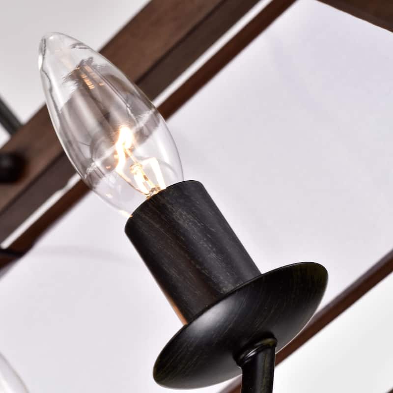Alina 6-light Antique Black Metal Natural Wood Fabric Shade Chandelier