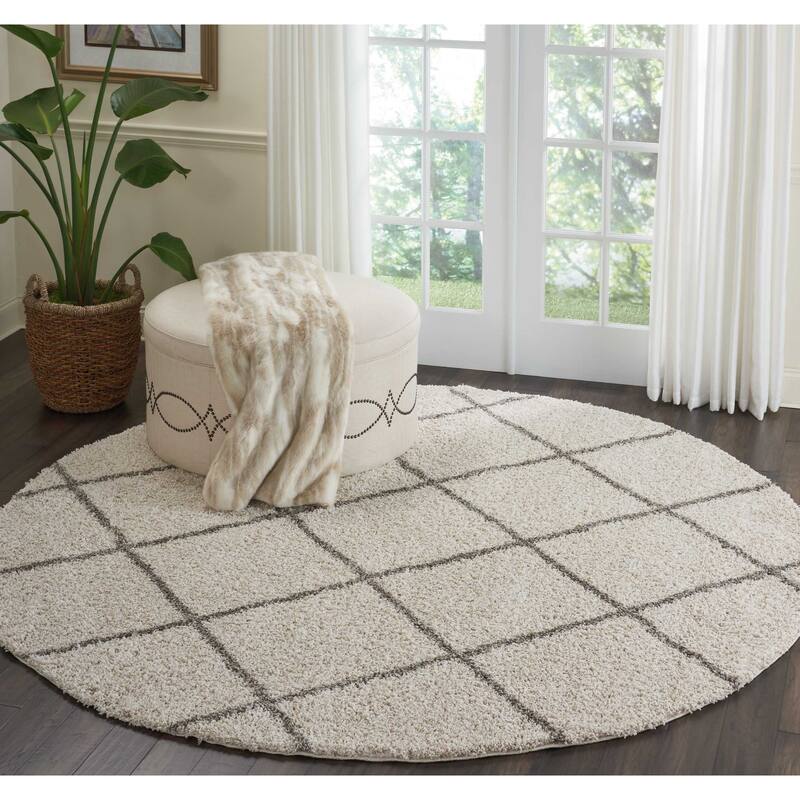 Nourison Brisbane Large Diamond Geometric Modern Shag Area Rug - 8'2" Round - Cream - Runner/Round
