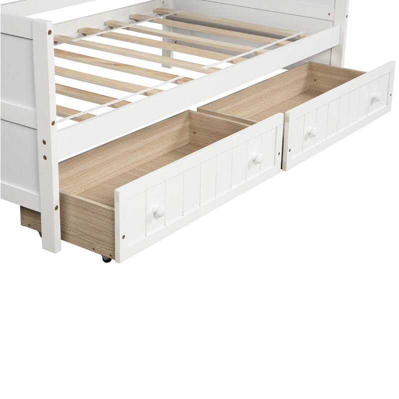 Classic Twin Size Daybed Storage Platform Bed with 2 Drawers, Armrest and Arched Backrest, Sofa Bed for Bedroom Living Room