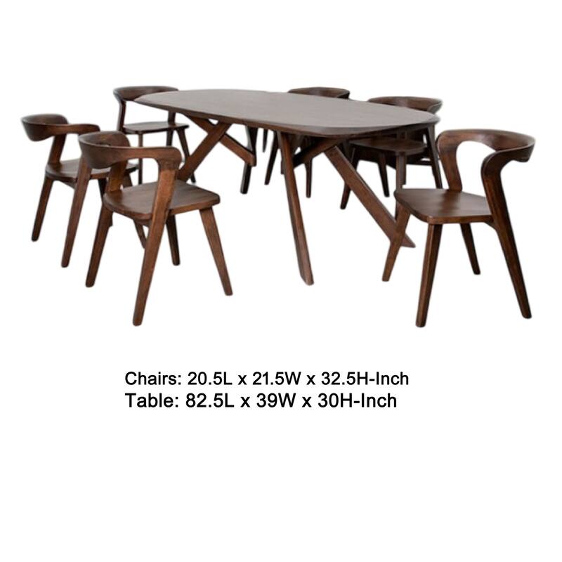 Ziva 7pc Dining Table Set, 6 Side Chairs, 3D Edges, Brown Solid Wood