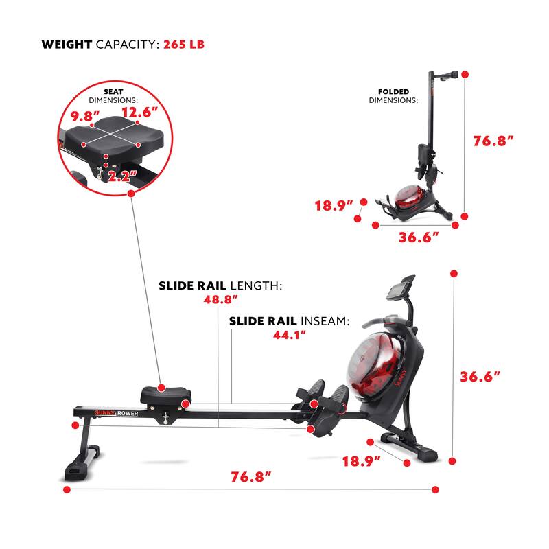 Sunny Health & Fitness Hydro Dual Resistance Smart Magnetic Water Rowing Machine in Black - SF-RW522017BLK