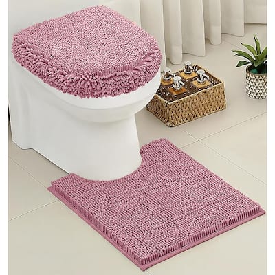 2 Piece Set Mauve Soft Cozy Plush Chenille Bath Mat Bathroom Rug & Toilet Seat Cover