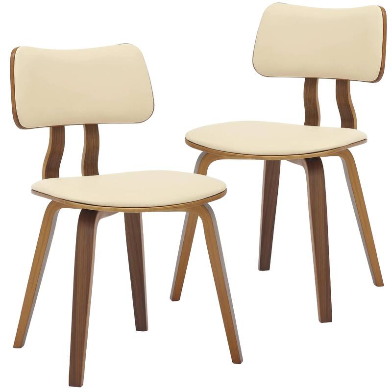 Clivo Leather Dining Chair with Open-Back and Poplar Wood Legs for Kitchen or Dining Room Set of 2 - Walnut/Cream