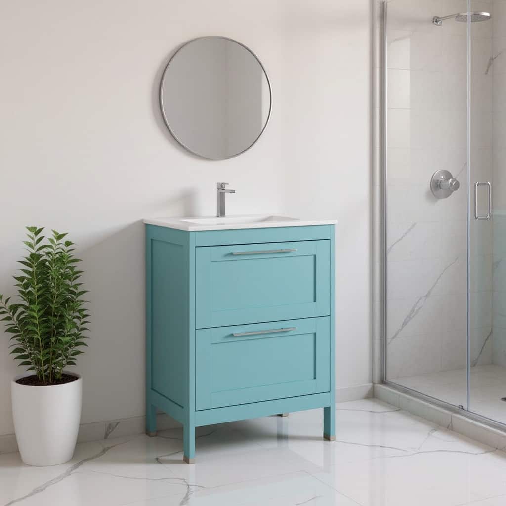 HomeRoots 24" Blue Wood Freestanding Bathroom Vanity With White Sink And Two Drawers - 24.00 in. x 35.06 in. x 17.75 in.