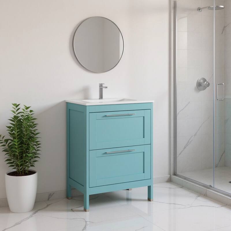 HomeRoots 24" Blue Wood Freestanding Bathroom Vanity With White Sink And Two Drawers - 24.00 in. x 35.06 in. x 17.75 in. - 24.00 in. x 35.06 in.  x 17.75 in. - Polished - Blue