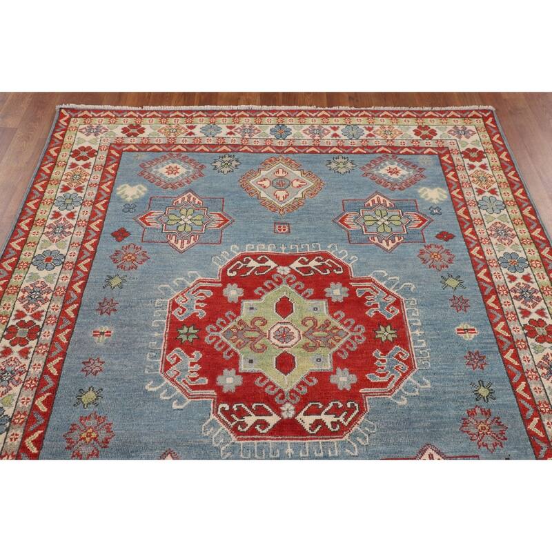 Blue Geometric Kazak Oriental Area Rug Handmade Floral Wool Carpet - 5'2" x 6'3"
