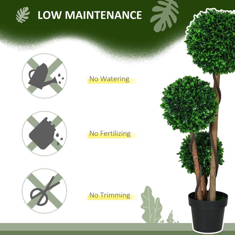 HOMCOM 3.5ft/43.25" Artificial 3 Ball Boxwood Topiary Tree with Pot, Indoor Outdoor Fake Plant for Home Office