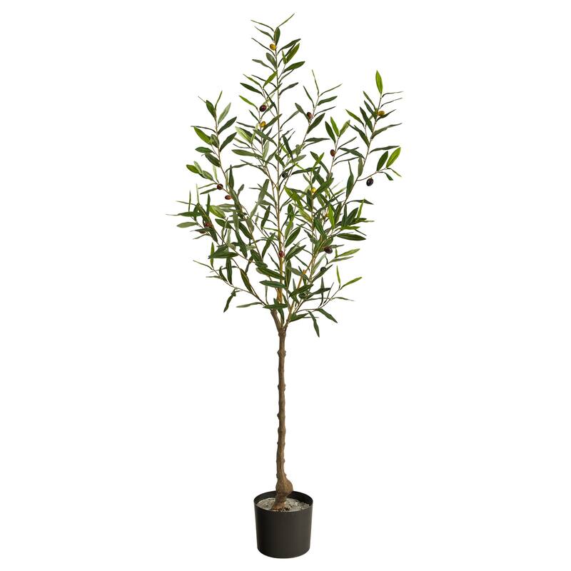 Artificial Olive Tree 5ft - Modern Faux Tree with Olives, Brown Trunk & Planter - Home Decor Accent - Green - 51-60 Inches