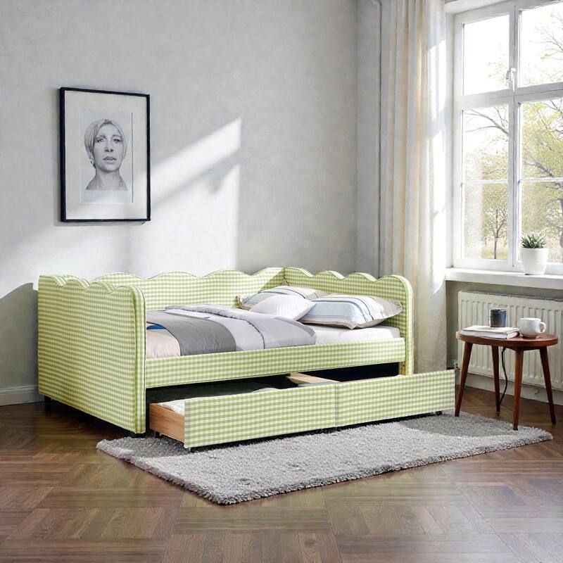 Full Size Gingham Upholstered Daybed with USB Port, Two Storage Drawers and Wave Shaped Design
