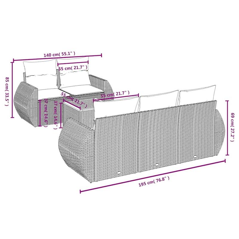 vidaXL 6 Piece Patio Sofa Set with Cushions Black Poly Rattan - 21.7x 24.4x 27.2