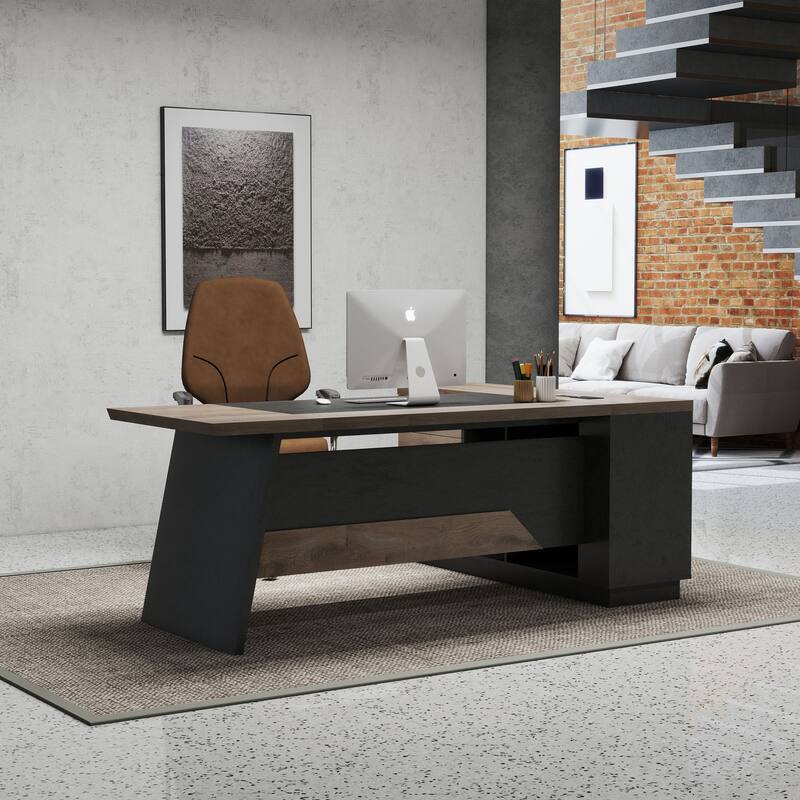 WESOME Black/Wood L-Shaped Executive Desk with Cabinet Built-In Outlet(LP002)