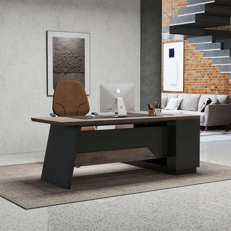 WESOME Black/Wood L-Shaped Executive Desk with Cabinet Built-In Outlet(LP002)