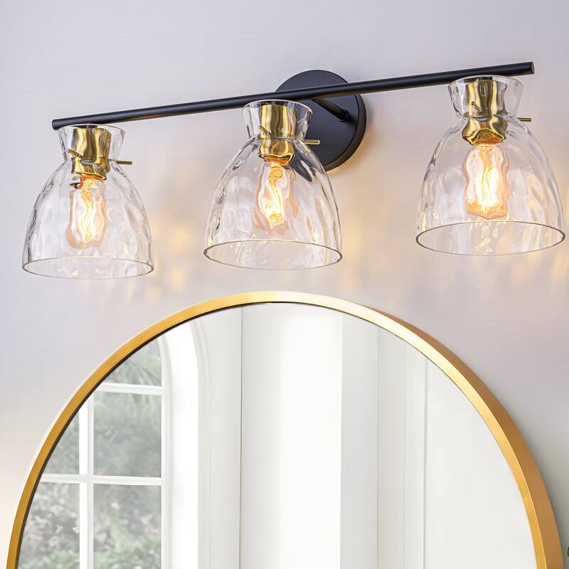 Starsky 3-Lights Modern Dimmable Hammered Glass Bathroom Vanity Light - Black&Gold