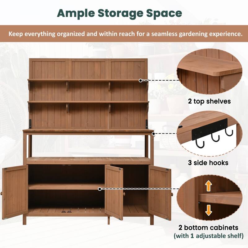 Roomfitters 50 Inch Solid Fir Wood Potting Bench with Hutch and Cabinets, Garden Workstation Table