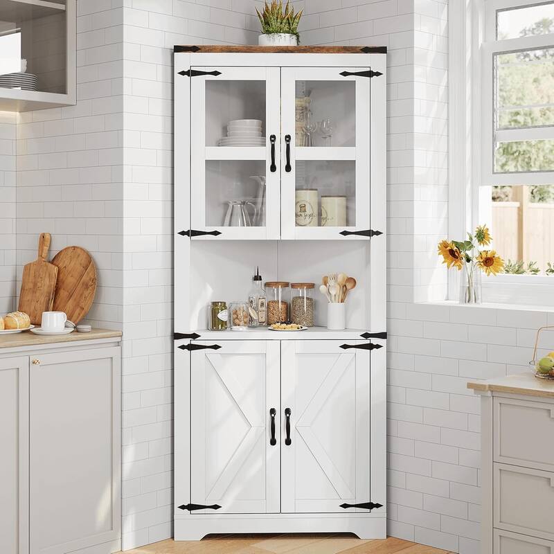 Tall Farmhouse Corner Cabinet with Glass Door & Adjustable Shelves, Space-Saving Storage for Kitchen or Bathroom - White
