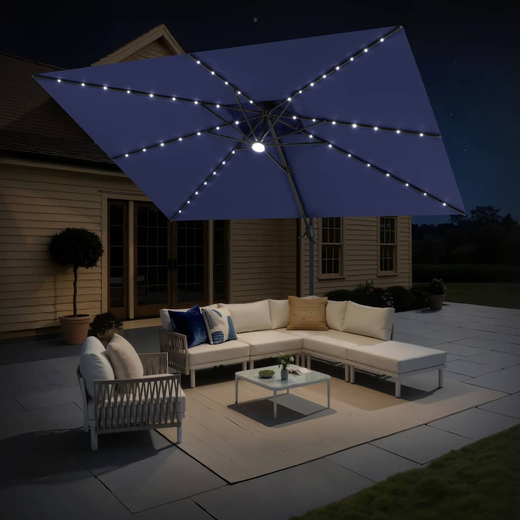 12 x 9 FT Outdoor Patio Cantilever Umbrella with Solar Lights Double Canopy 360 Rotation Tilt