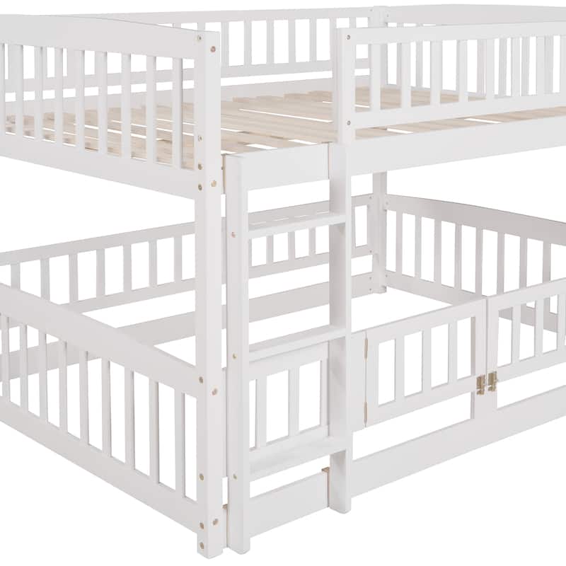 Solid Wood Low Bunk Bed with Slide,Fence and Ladder