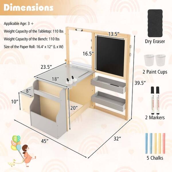 dimension image slide 1 of 2, Costway Kids Art Center Wooden Table Bench Set Adjustable Double-Sided - See Details