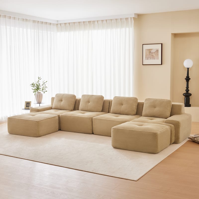 Roomfitters No Assembly Modular Sofa, 117 Inch Corduroy 3-Seater with Piping, Camel - Camel 153" U-Shape