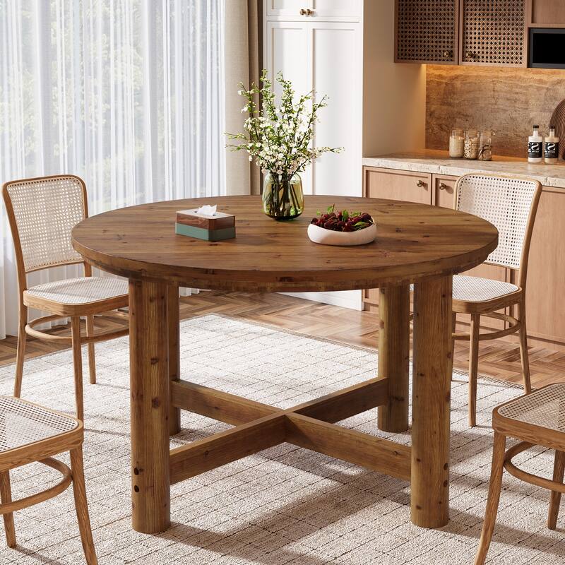47 Inch Solid Wood Round Dining Table for 4-6 People, Farmhouse Style - 47.24" L x 47.24" W x 29.53" H - Dark Brown