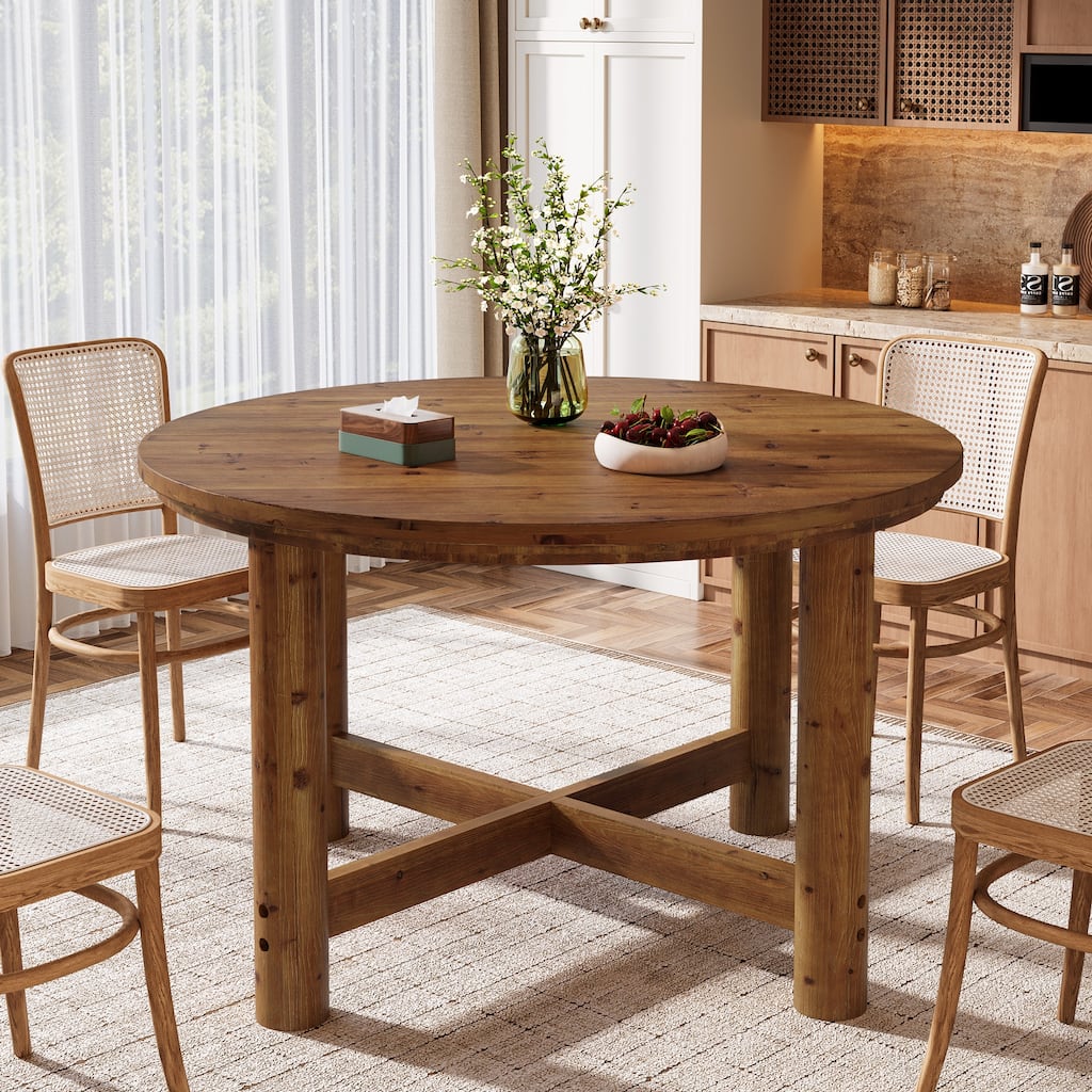 47 Inch Solid Wood Round Dining Table for 4-6 People, Farmhouse Style - 47.24" L x 47.24" W x 29.53" H