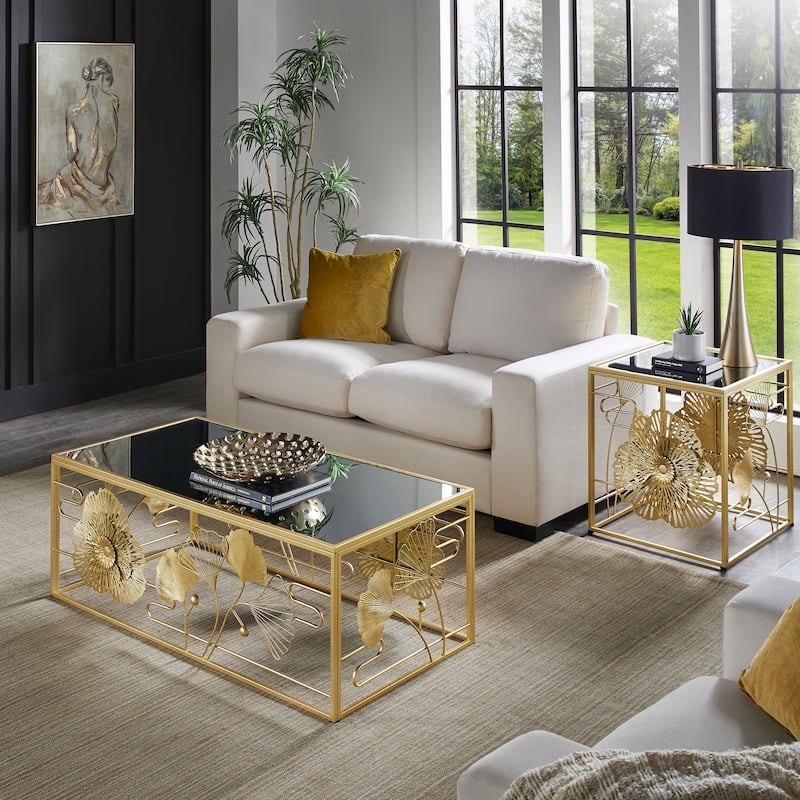 Pomonok Gold Finish Peony and Ginkgo Coffee and End Table Set with Mirror Top by iNSPIRE Q Bold