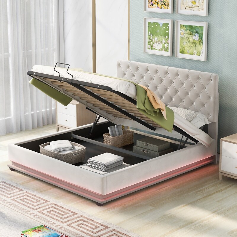 Modern Tufted Plattform Bed with Storage Underneath Queen Lift