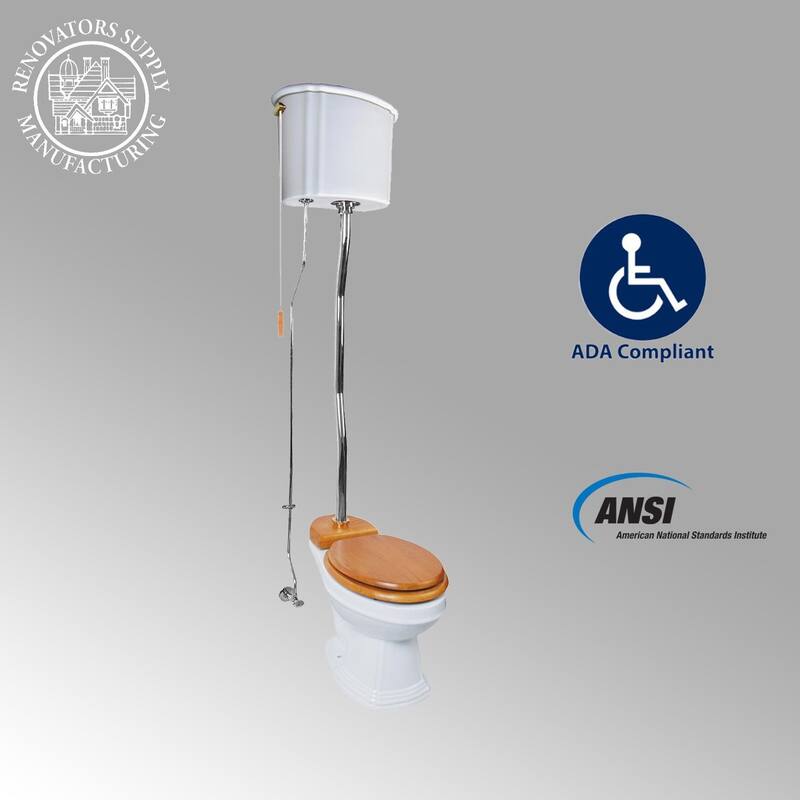 High Tank Toilet - Light Oak Raised Tank, White Round Bowl and Brass L Pipes Renovators Supply