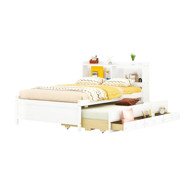 Full Size Bed with USB & TypeC Ports, LED light, Bookcase Headboard, Trundle and 3 Storage