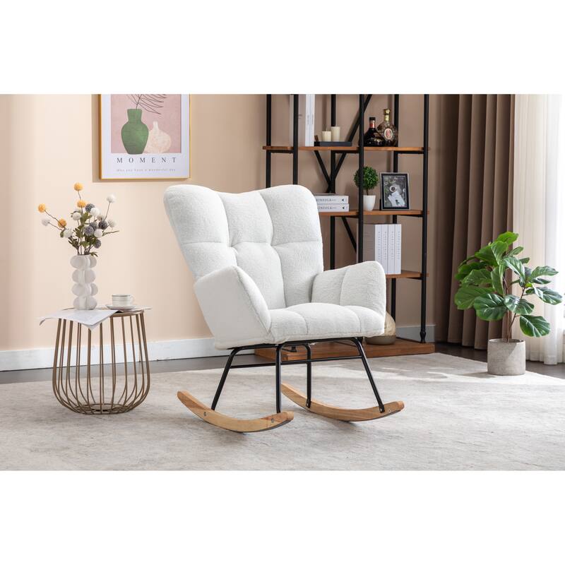 Teddy Fabric Upholstered Glider Rocker, Reading Chair with Thick Padded Seat, High Backrest Armchair with Wooden Legs