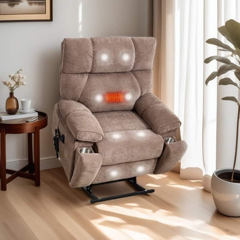 Oversized Power Lift Recliner with Dual Motors, Heat & Massage Functions, Infinite Position Recline, Hidden Cup Holders