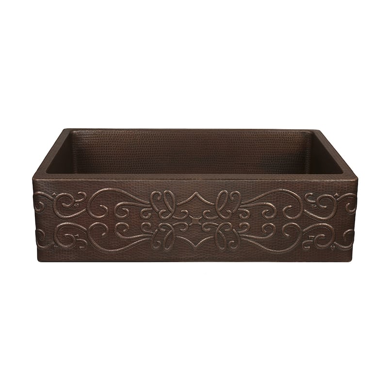 30-in Hammered Copper Kitchen Apron Single Basin Sink with Scroll Design with Matching Drain and Accessories (KSP3_KASDB30229S)