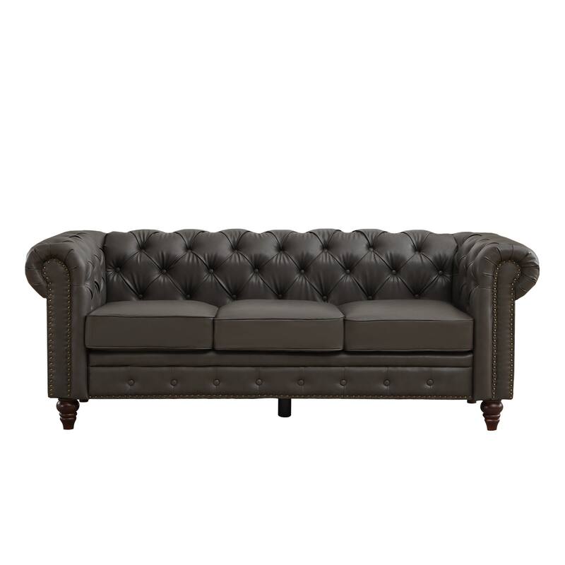 Vintage PU Button-Tufted Sofa Couch, Flared Arms, Rubberwood Legs & Nailhead Trim - Charcoal