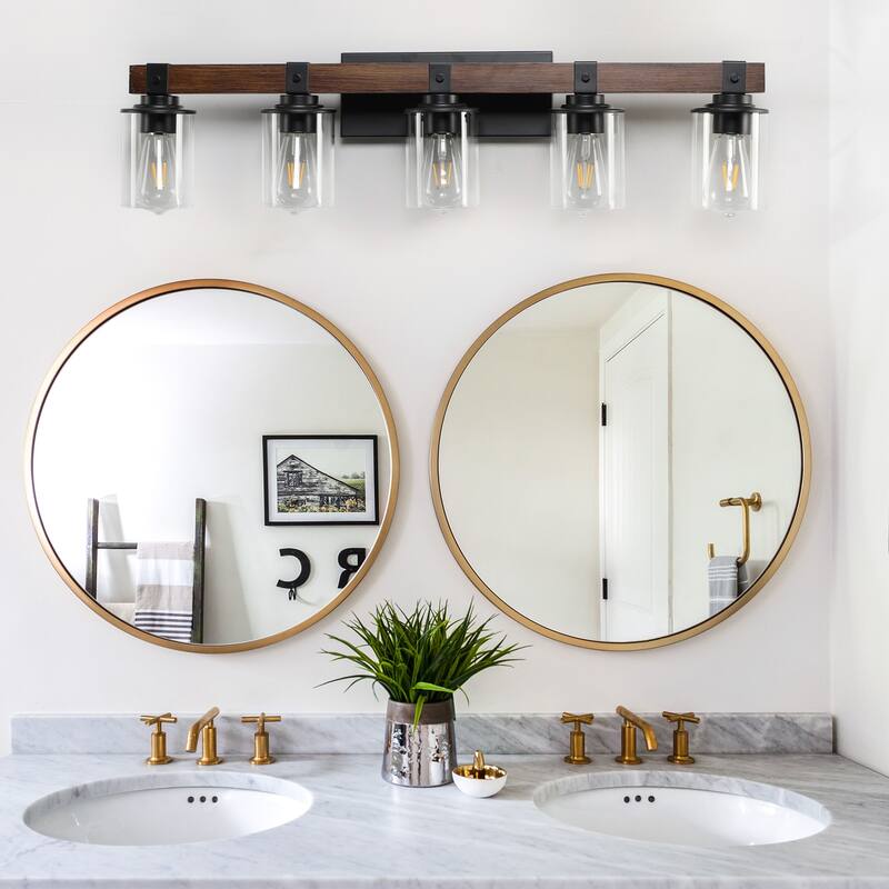 35" Rustic 5-Light Vanity Light, Industrial Bathroom Wall Sconce with Glass Shades and Wood Accent (No Bulbs) - Walnut