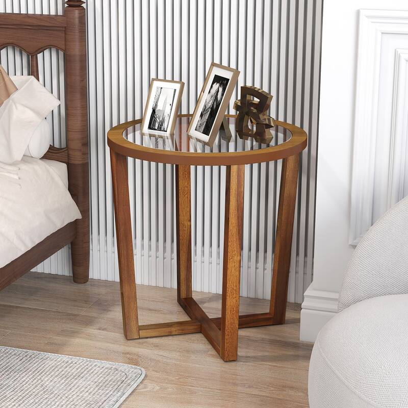 Gymax Modern Round End Table w/ Transparent Tempered Glass Top Solid