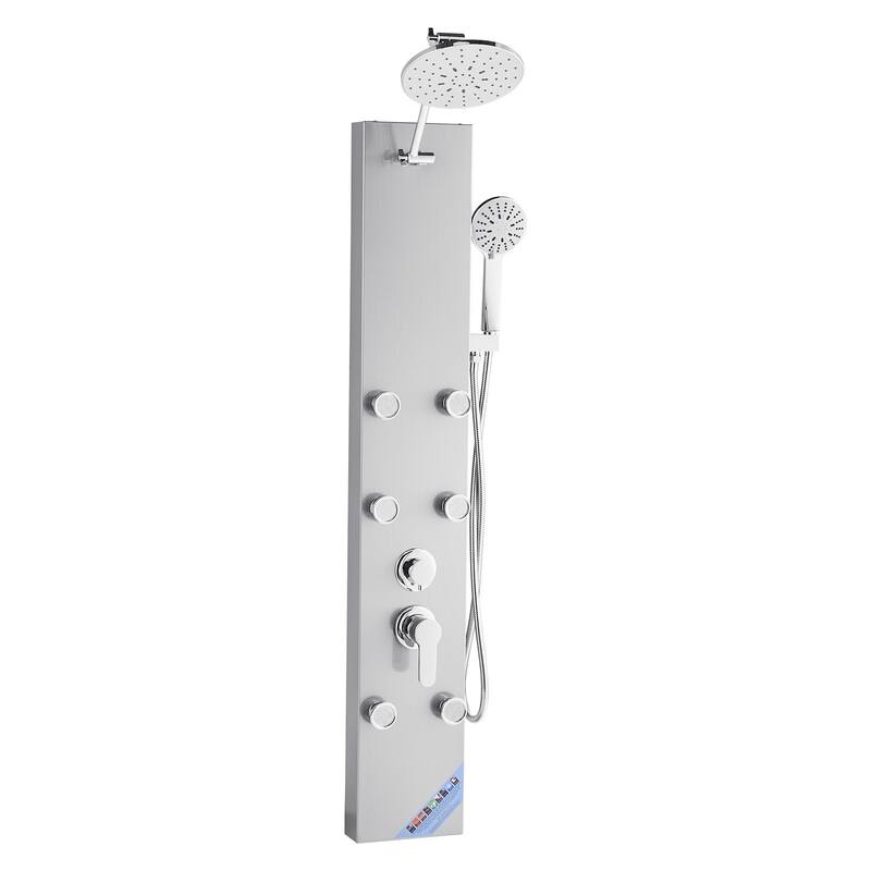 Silver Wall Mounted 3-in-1 Shower Panel Tower with Rainfall Head and Massage Jets Handheld Sprayer - 48.8” x 7.9” x 17.7”