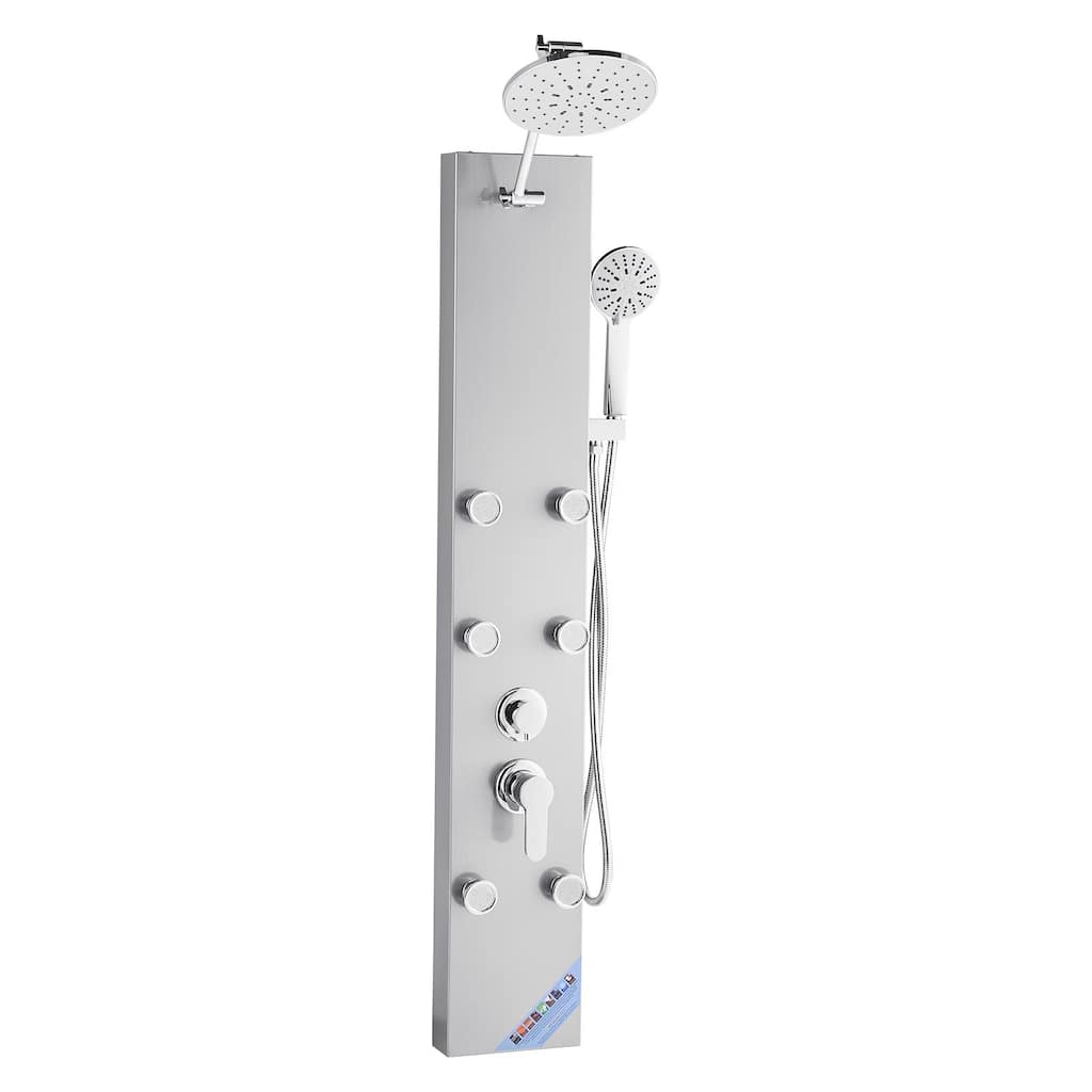 Silver Wall Mounted 3-in-1 Shower Panel Tower with Rainfall Head and Massage Jets Handheld Sprayer - 48.8” x 7.9” x 17.7”