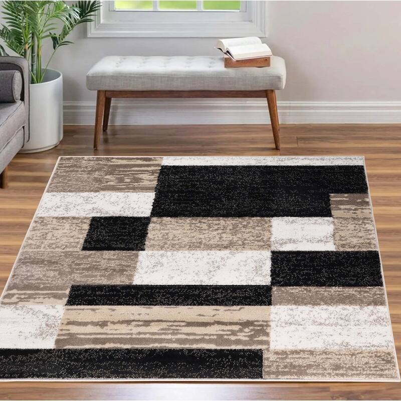 Superior Rockwood Patchwork Indoor Area Rug or Runner - 5' x 5' Square - Ivory/Beige