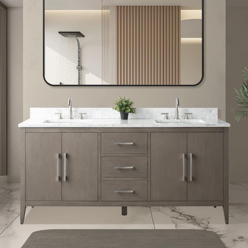 Vanity Art 72" Double Sink Bathroom Vanity Cabinet with Engineered Marble Top - 72"/Brushed Nickel Handle - Driftwood Gray