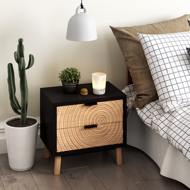 COZAYH Modern Farmhouse Nightstand, Drawer with Handcrafted Wood Ring Motif