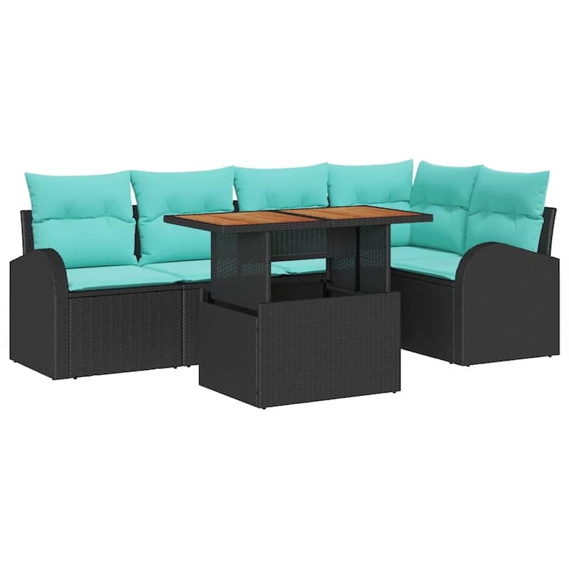 vidaXL 6 Piece Garden Sofa Set with Cushions Black Poly Rattan - 92.1×48.8×27.2