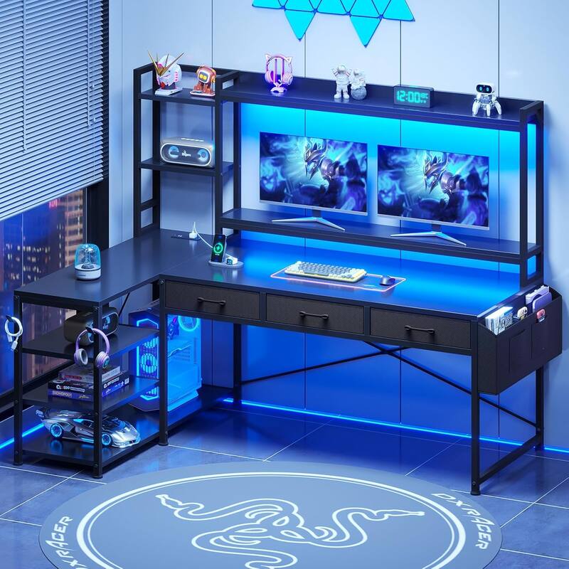 55" L Shaped Gaming Desk Corner Computer Desk Fabric Drawers