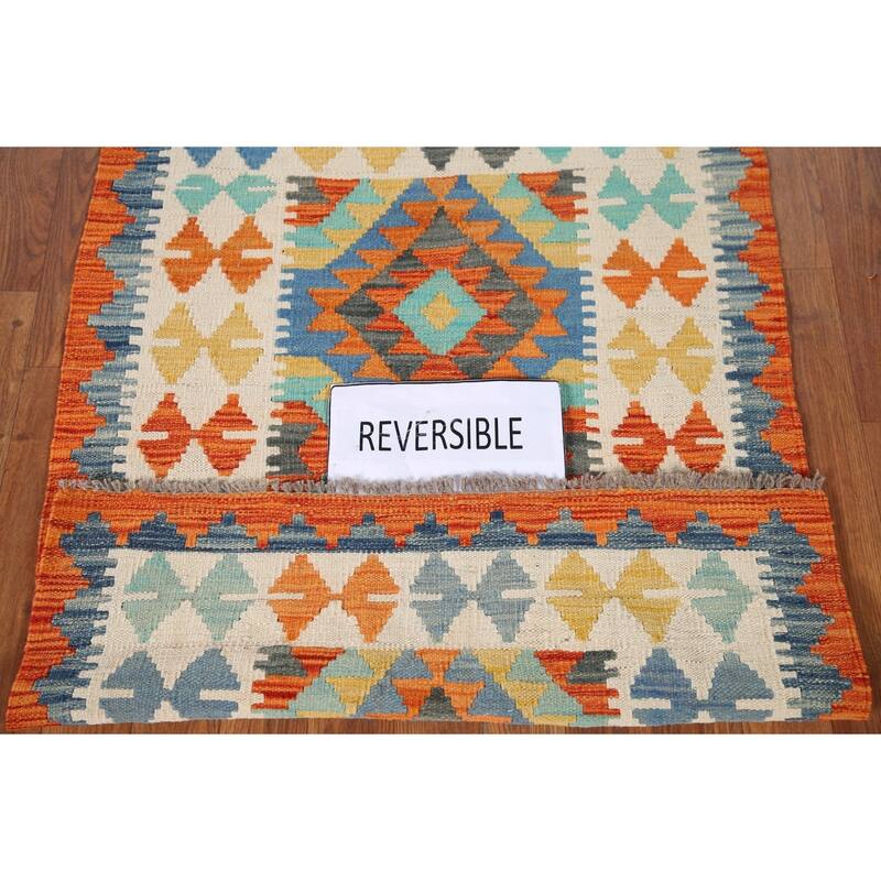 Hand Woven Oriental 100% Wool Carpet Southwestern Geometric Multi-Colored Kilim Area Rug - 3' 8'' X 2' 7''