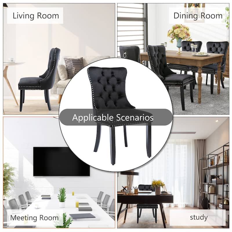 Set of 2 Hollywood Glam Velvet Dining Chairs – Tufted Back with Nailhead Trim and Ring Pull, Modern Accent Side Chairs