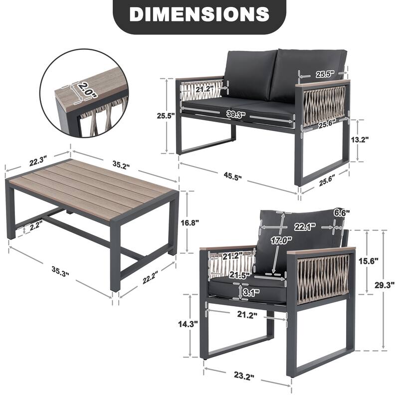 Outdoor 4-Piece Conversation Set with Cushions and Coffee Table